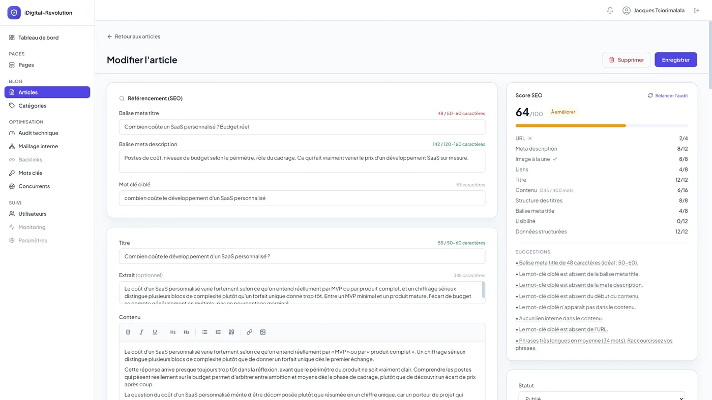 Éditeur d'article avec score SEO en temps réel dans le back-office