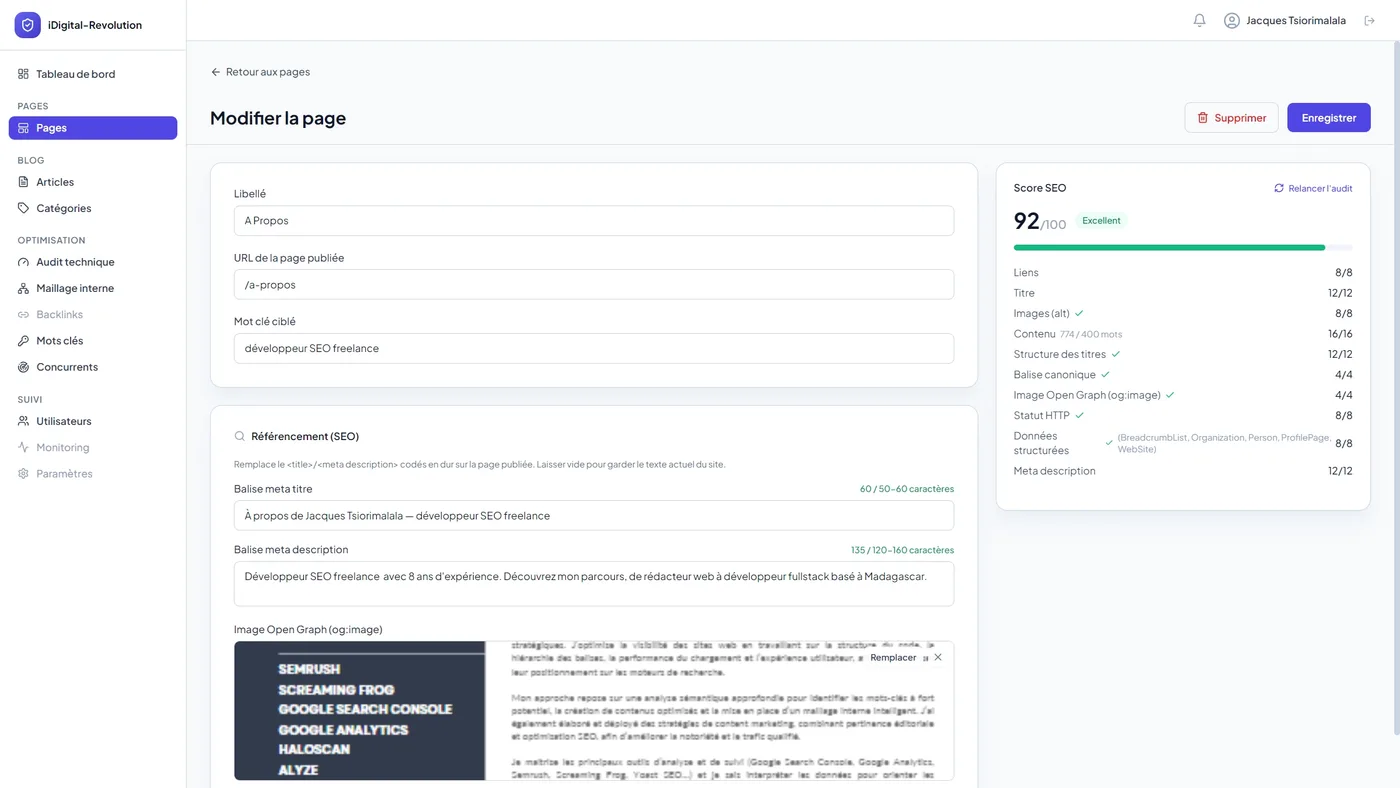 Édition d'une page statique avec ses champs SEO dans le back-office