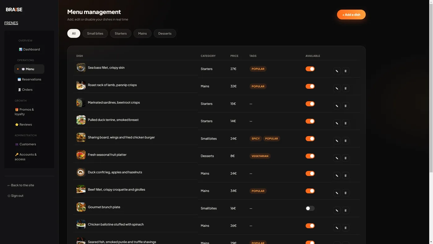 Édition du menu digital Braise depuis le tableau de bord administrateur