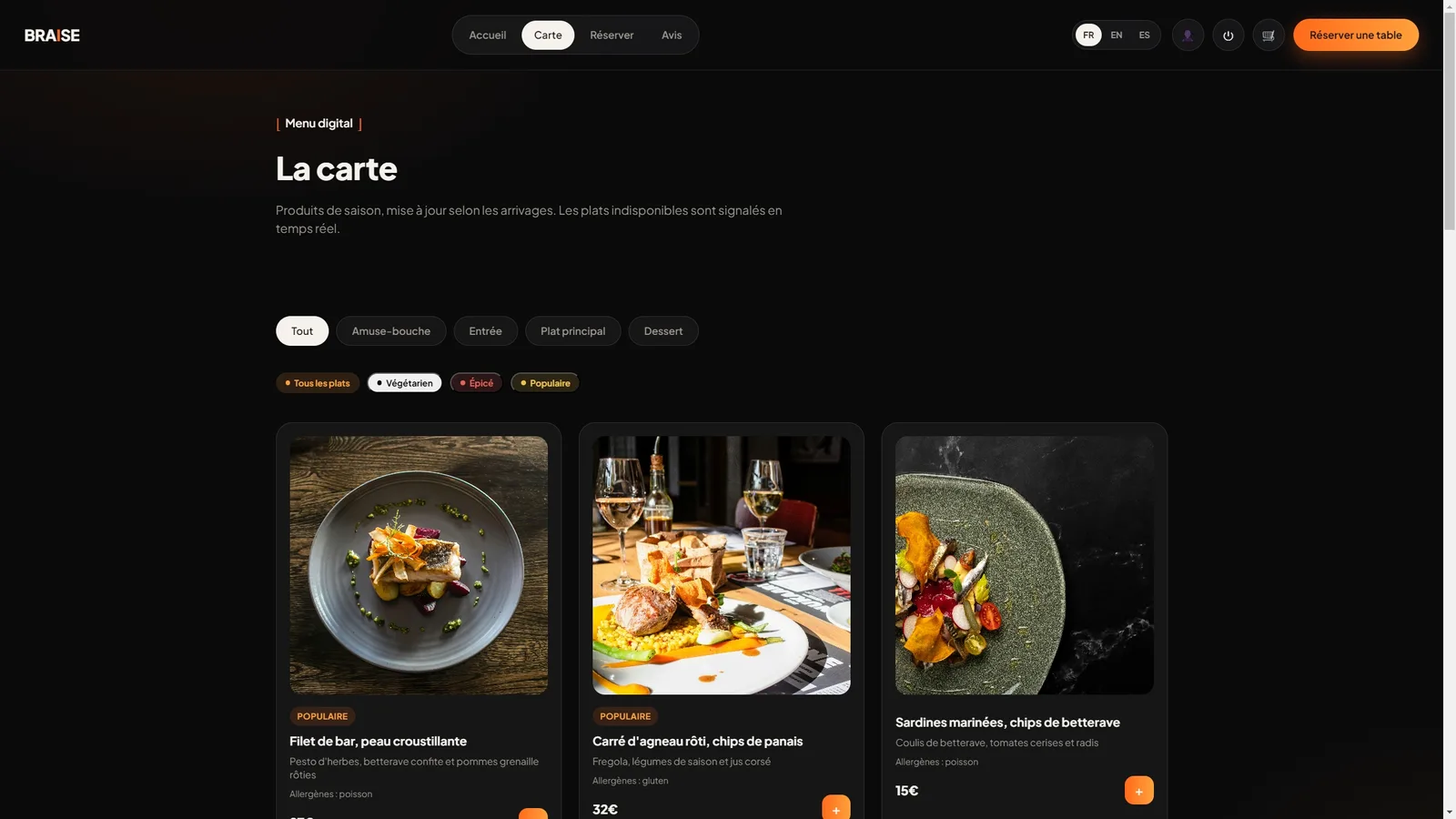 Interface Braise, plateforme de réservation en ligne et de gestion des commandes pour restaurant