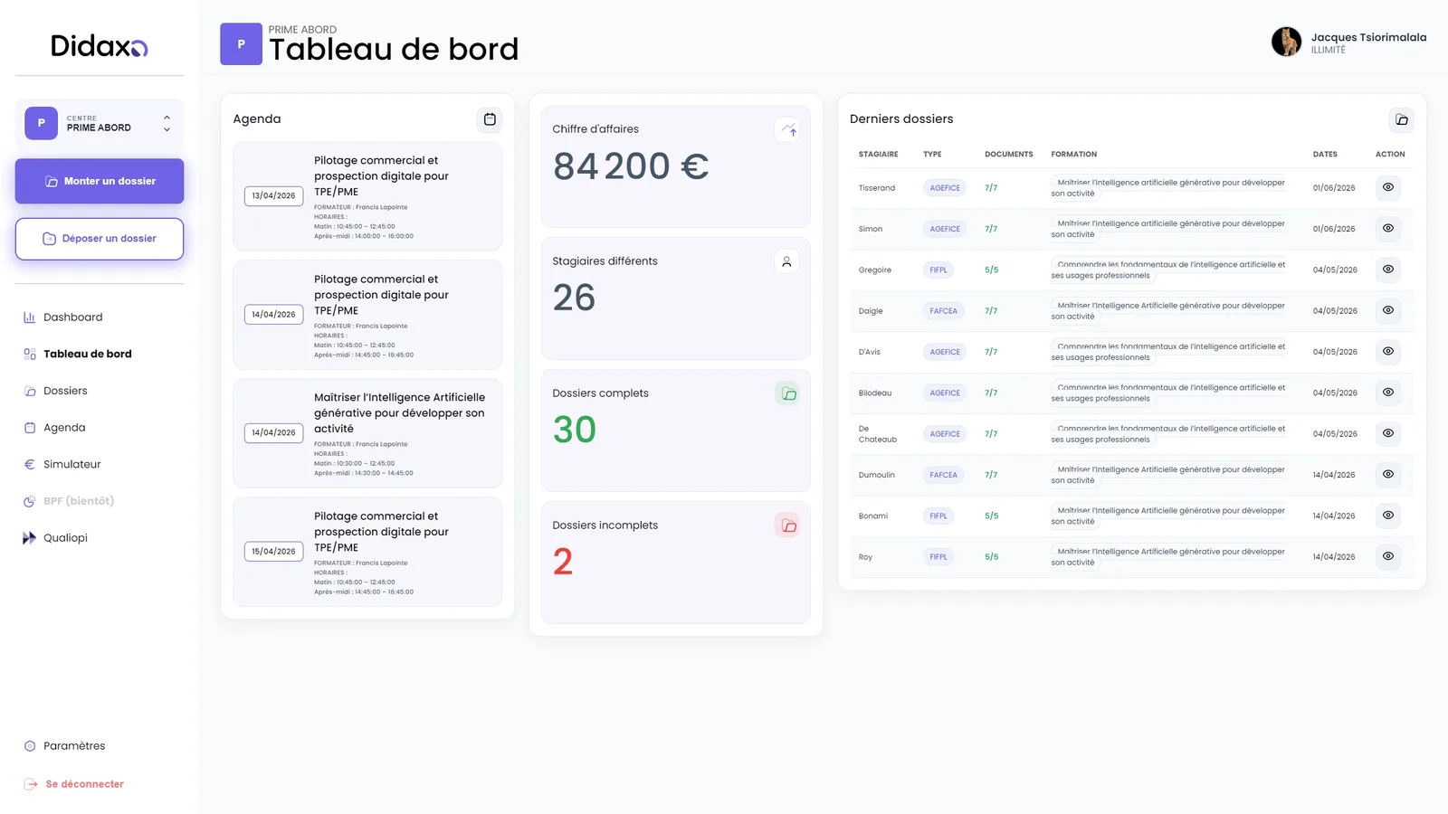 Tableau de bord Didaxo, SaaS de gestion pour organisme de formation professionnelle