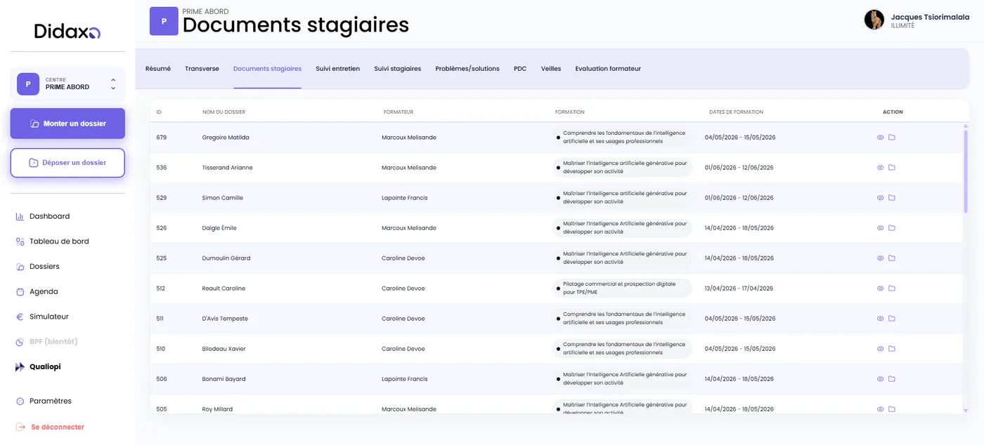 Suivi des indicateurs Qualiopi sur le tableau de bord Didaxo