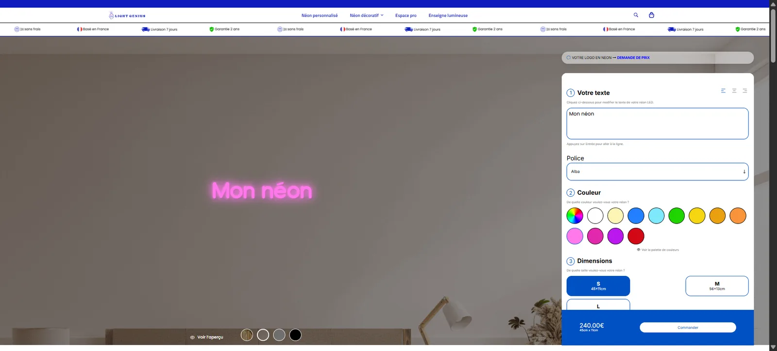 Configurateur de néon personnalisé Light Genius avec prévisualisation en direct sur mockup de mur