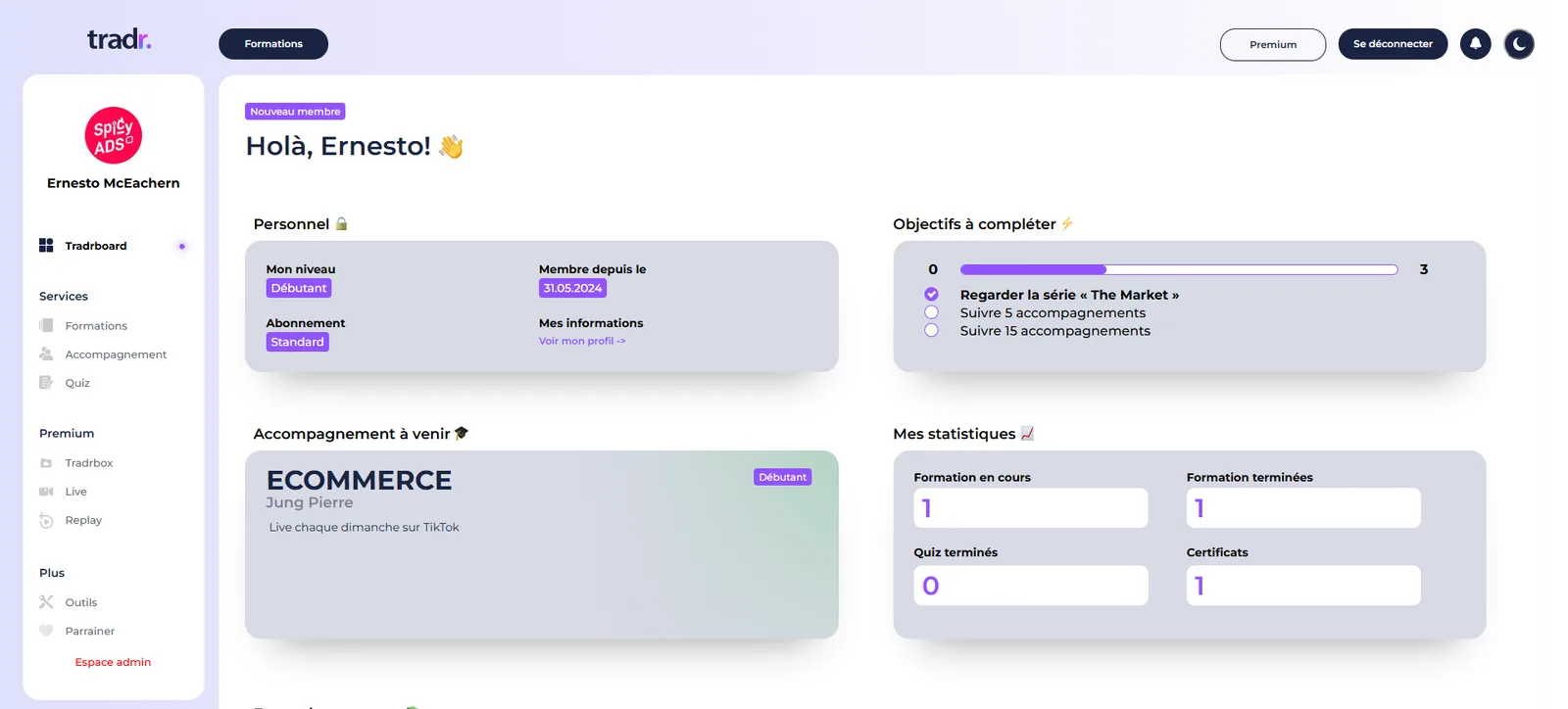 Tableau de bord participant Tradr, SaaS de gestion de formations en ligne