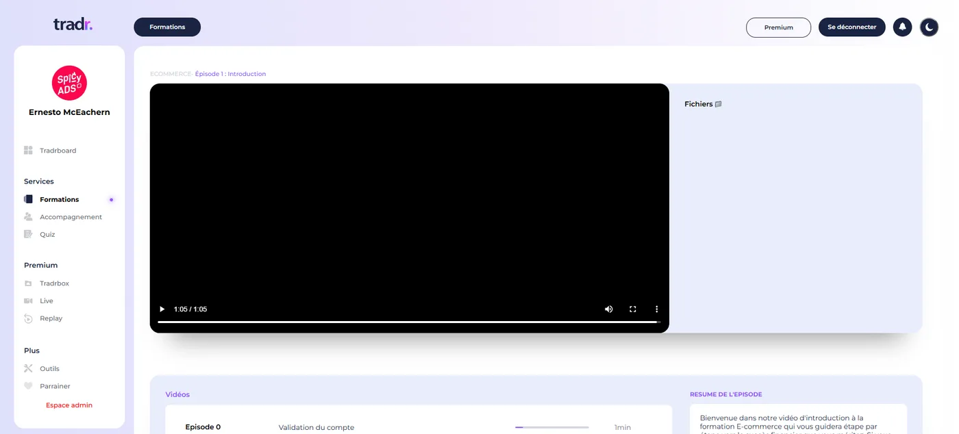 Lecteur vidéo de formation Tradr avec suivi de progression côté participant